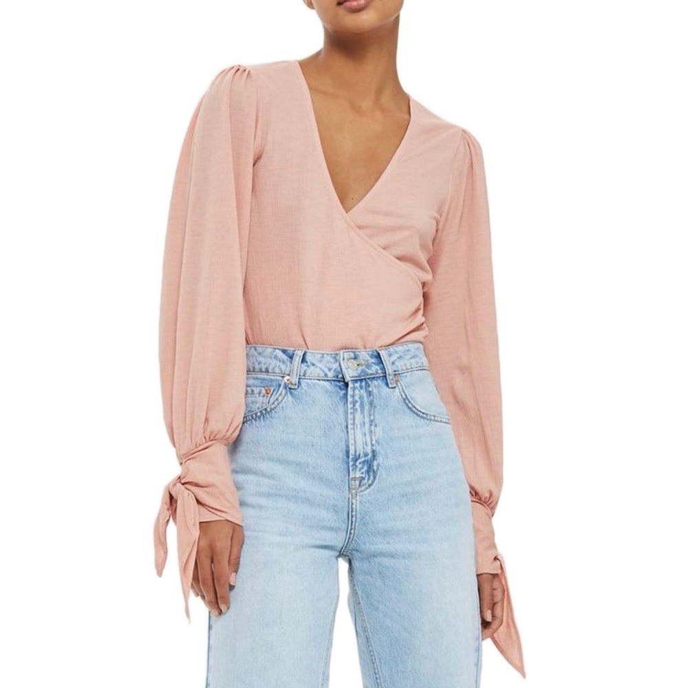 NEW Topshop Wrap‎ Front Tie Sleeve Cuffs Pink Blouse 6